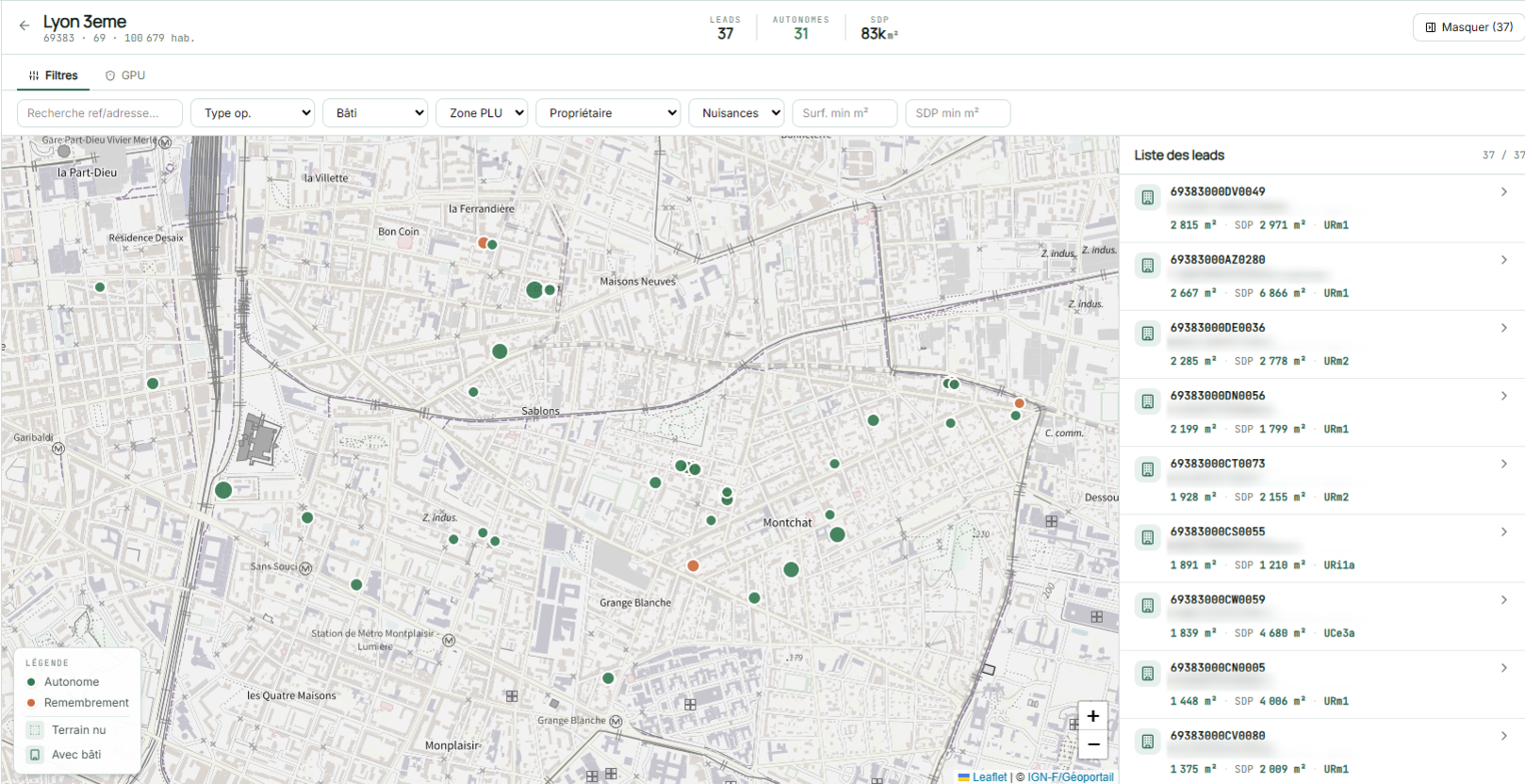37 terrains identifiés · plus de 1 000 m² de SDP