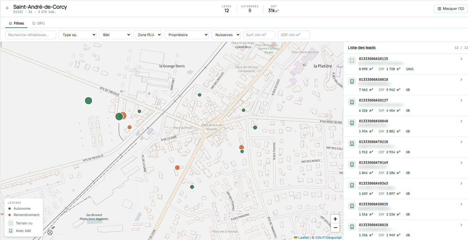 12 terrains identifiés · plus de 1 000 m² de SDP